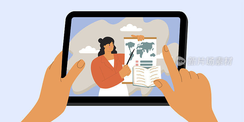 Woman teaching somebody through phone screen. Communication, internet education, video conference. Mobile online services. Vector illustration in flat style.